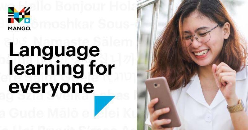 Image: Woman looking at her cellphone, smiling. Text: Mango. Language Learning for Everyone