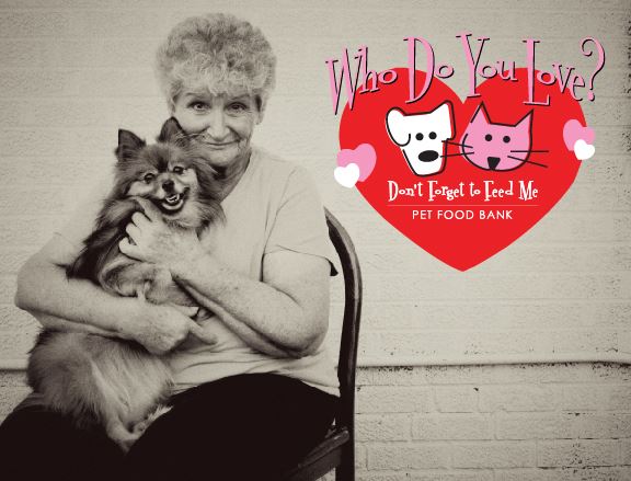 Photo of woman and small dog with Don't Forget to Feed Me pet food bank logo and "Who Do You L