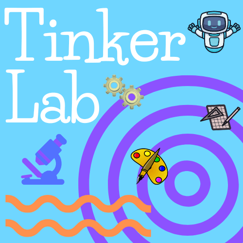 TinkerLab on blue background, various geometric and science- and art- related clipart surrounding