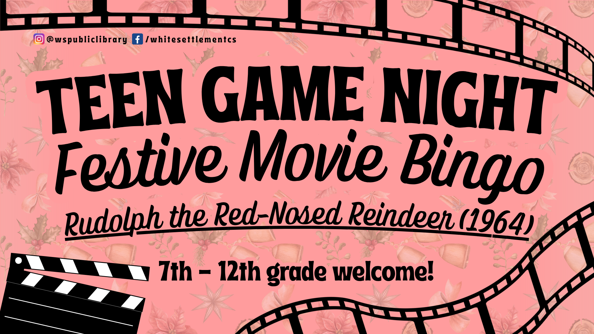 Teen Game Night, Monday, Dec. 15 at 4:30 pm, Festive Movie Bingo