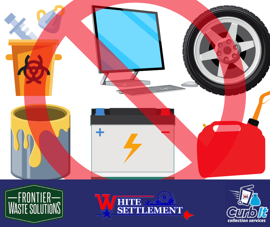 graphics of items that can't go in your bulk pile such as tires, paint, chemicals, and electronic